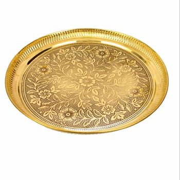 Round Design Brass Plate, For POOJA Shape Round Weight 337g Color GOLDEN Material Brass Finish Lustrous Usage/Application - Spillbox Innovation LLP - India