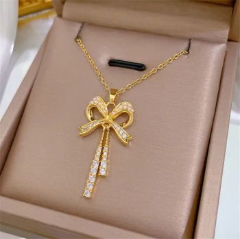 Pearl Shiny Diamond Bow Pendant Necklace Stainless Steel Zircon Crystal Cute Tassel Bow Pearl Necklaces for Women Girls - Putian Licheng Blannina Jewelry Co., Ltd. - China