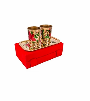 Brass Glass Set Material Brass Finishing Printed Coated Silver Gold Set Content 2 Glasses Tray Size 9.5" x 5.5" Packing Type Velvet  - Prem Crafts - India