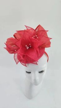 Small-Sized Red Sinamay Hat with Sinamay Flowers - 5.0/5 - China