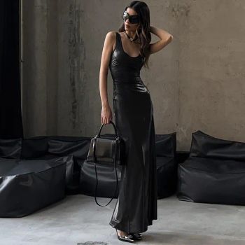 Summer U-Collar Slim-Fit Solid Color Halters Modest Dress PU Long Dresses Women - Guangzhou Yuanfeng Textile Technology Co., Ltd. - China