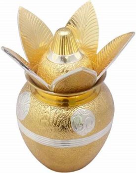Brass Kalash With Coconut And Mango Leaves For Pooja, Temple Decor, For Home - Suman Enterprises - India