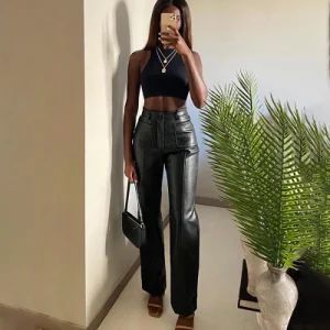 Custom High Quality Women Soft PU Leather Wide Leg Trousers Clothing Lady Fashion Flare Pants - Guangzhou Jingsheng Garment Co., Ltd. - China