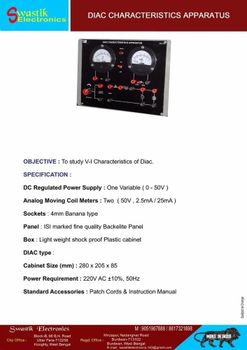 DIAC Characteristics Trainer, Model Name/Number: SE16 Phase Single Model Name/Number SE16 Country of Origin Made in - Swastik Electronics - India