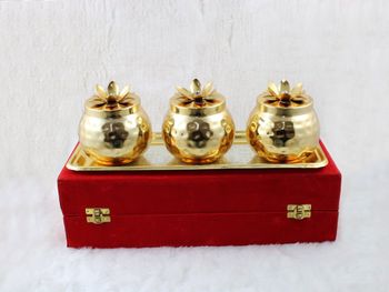 Gold Plated Flower Design Dry Fruit Bowl with Tray (Set of 3), Dry Fruit Box with Lid - Narula Handicrafts - India
