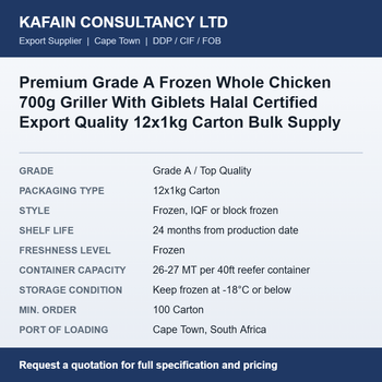 Premium Grade A Frozen Whole Chicken 700g Griller With Giblets Halal Certified - KAFAIN CONSULTANCY LTD - United Kingdom