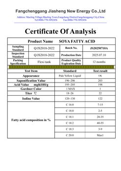Distillated soya fatty acid Gardner Color 1 Acid Value 195~205 Iodine Value - fangchenggang jiasheng new energy co.,ltd - China