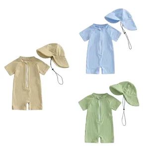 Baby Girl Boy Swimsuit Summer New Stripe Print Kids Beachwear Short Sleeve Half Zipper Rash Guard Swimwear Sunhat Set - Shanghai Hexuan Baby Products Co., Ltd. - China