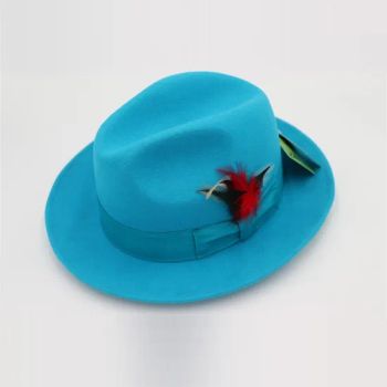 Unisex Wool Fedora Hat Ribbon Feather Jazz Hats Autumn Male Party Banquet Woolen Felt Cap Gentleman Men Blue Wool Fedora Hat - Yangzhou Chuntao Accessory Co., Ltd. - China