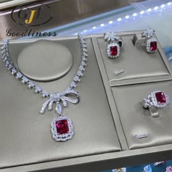 Luxury Temperament Bow Full Diamond Open Rings Earrings Necklace Set - GOODLINESS JEWELLERY CO., LIMITED - China