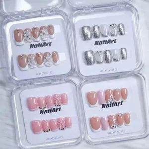 Luxury Handmade Press on Nails with French Tip Floral Bow Glitter Designs in Pastel Tones - Pingxiang Yoken Import & Export Trading Co., Ltd. - China