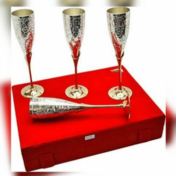 Silver Plated Brass Goblets Set Material Brass Brand Dreamart Color Silver and gold Set Contain 4 brass vine goblets Type Hand crafted embossed - Dreamart Handicraft - India