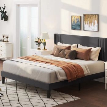 Queen Bed Frame with Wingback Headboard, Upholstered Platform Bed with Modern Geometric Headboard, Wooden Slats, Noise-Free - FOSHAN YEXUAN FURNITURE MANUFACTURE CO.LTD - China