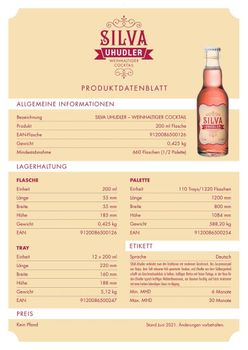Uhudler wine cocktail  200 ml Brand Name "SILVA" Manufacturer SILVA GmbH Place of Origin made in - Lebensquelle  - Austria