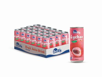 “SunSip” Lychee juice drink short can 330ml with pulp from Halos beverages and food company “SunSip” Lychee juice drink short can 330ml with pulp - Halos beverages and food company - Vietnam