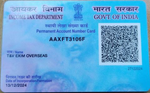 Pancard certificate from T&V Exim Overseas