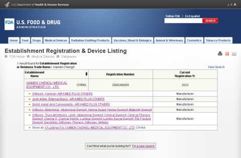 FDA certificate from Handan Wuxin Medical Devices Co., Ltd.
