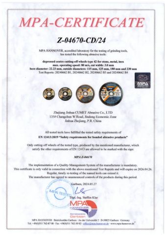 MPA certificates certificate from ZHEJIANG JINHUA CUMET ABRASIVE CO., LTD.