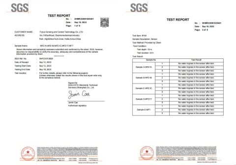 IPx8 Compliance Report certificate of Focus Sensing and Control Technology Co., Ltd. – certificate photo, supplier certificates section