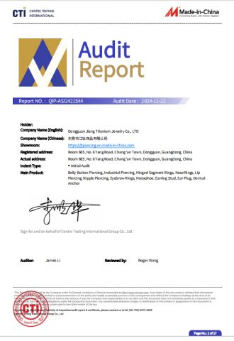 Audit Report certificate from Dongguan Jiang Titanium Jewelry Co., LTD
