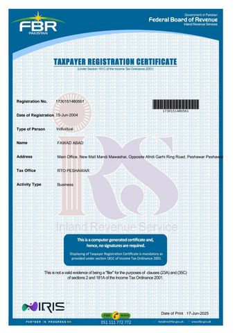 National registration  certificate from Fawad traders