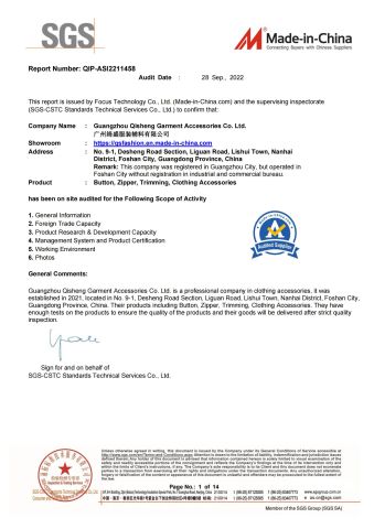 SGS REPORT certificate from Guangzhou Qisheng Garment Accessories Co., Ltd.