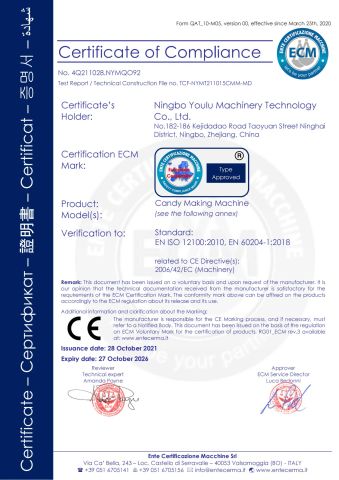 CANDY MAKING MACHINE certificate from Ningbo Youlu Machinery Technology Co., Ltd.