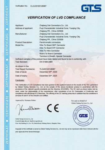 CE certificate of ZHEJIANG DELI CONNECTORS CO., LTD. – certificate photo, supplier certificates section