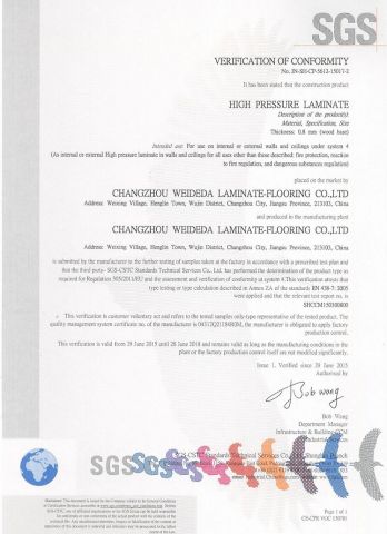 2015-CE-CERTIFICATE -0.8MM certificate from Changzhou Weideda Laminate-Flooring Co., Ltd.