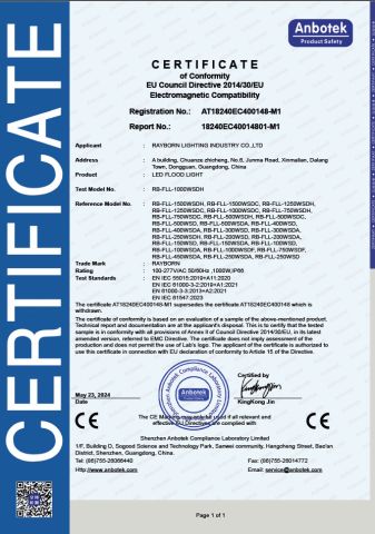 EMC certificate from Rayborn Lighting Industry Co., Ltd.