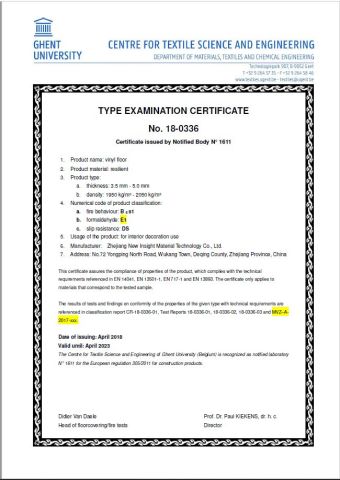 CE SPC Flooring certificate of Zhejiang New Insight Wood Composite Co., Ltd – certificate photo, supplier certificates section