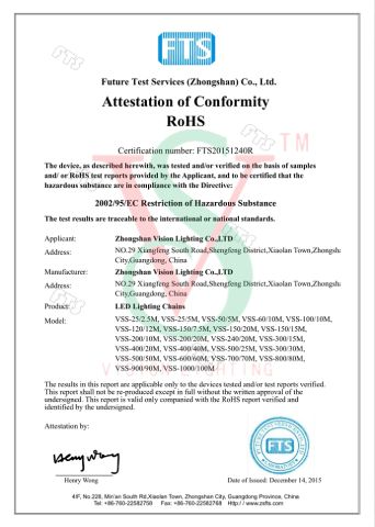Christmas Lights CE Rosh Certifications certificate of Zhongshan Vision Lighting Company – certificate photo, supplier certificates section