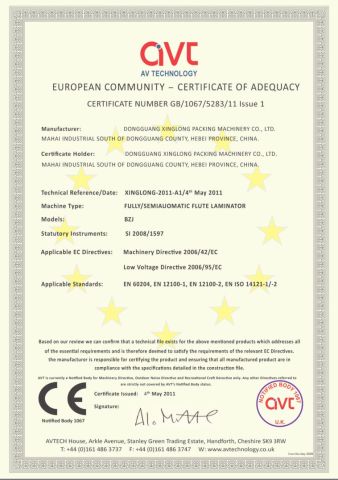 CE certificate from DONGGUANG XINGLONG PACKAGING MACHINERY CO., LTD.
