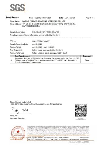 Poly bag food grade certificate from KAIPING FEILIYANG PACKING MATERIALS CO., LTD.