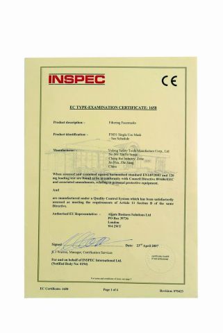 Filter Face mask CE Certificate certificate from Yulong Safety Tools Manufacture Corp., Ltd.