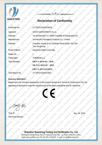CE Certifucate of neoprene bottle cooler bag certificate from XinMao Packaging Products Dongguan Co., Ltd.
