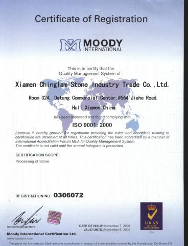 certificate certificate of Xiamen Chinglam Stone Industry Trade Co., Ltd. – certificate photo, supplier certificates section
