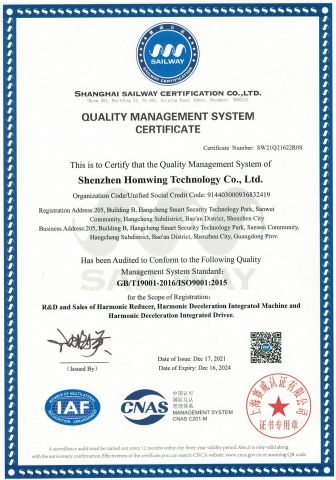 Quality Management System Certification certificate from Shenzhen Homwing Technology Co., Ltd.