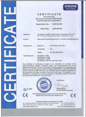 CE CERTIFICATE OF JADE MASSAGE BED certificate from Health&Health (Group)Co.,Ltd.