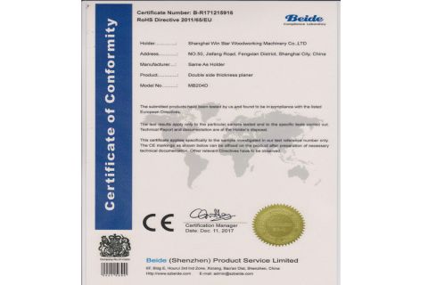 CE for double side thickness planer certificate from Shanghai Win Star Woodworking Machinery Co., Ltd.