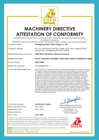 MACHINERY DIRECTIVE ATTESTATION OF CONFORMITY certificate from GUANGDONG FINECO NEW ENERGY CO., LTD.