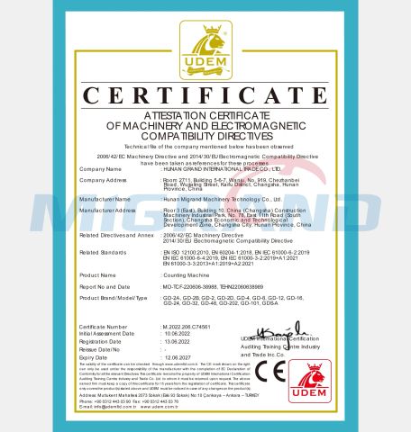 counting machine CE certification certificate of Hunan Migrand Machinery Technology Co., Ltd. – certificate photo, supplier certificates section