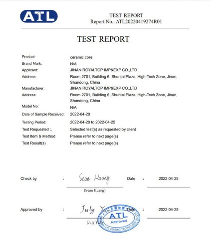 Ceramic Core-LFGB Report-ATL20220419274R01 certificate from JINAN ROYALTOP IMP&EXP CO., LTD.