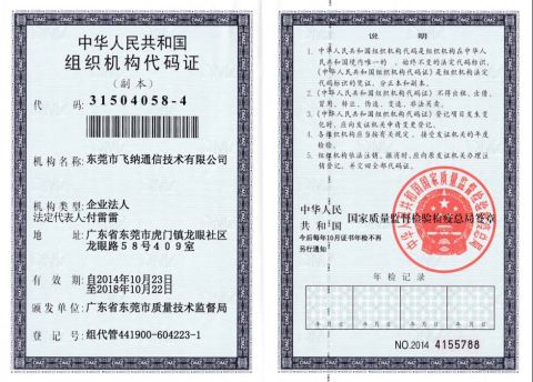 Organization code certificate certificate from Dongguan Phynam Comtech Co., Ltd.