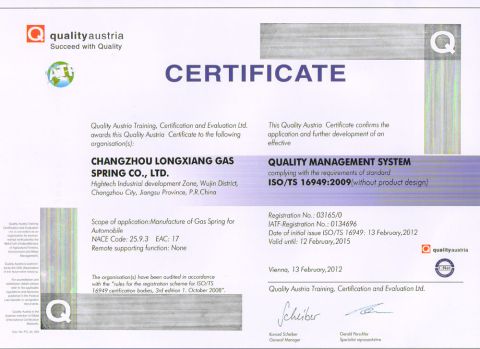 TS16949 certificate from Changzhou Longxiang Gas Spring Co., Ltd.
