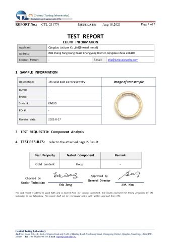 14K Solid Gold Test Report certificate from Qingdao Jurenxinyuan International Trade Co., Ltd.