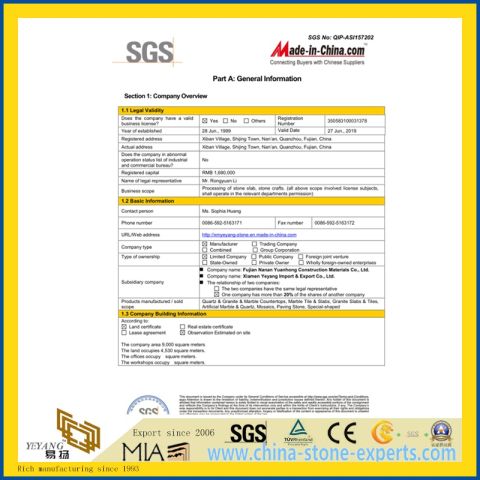 2015 SGS Audited Report of Fujian Yuanhong Construction Materials with YEYANG Stone Factory certificate from Xiamen Yeyang Import & Export Co., Ltd.
