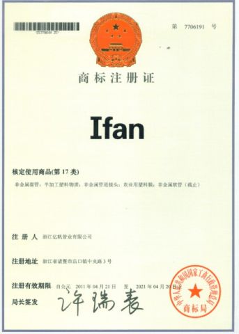 Trademark Registration Certificate certificate of Zhuji Fengfan Piping Co., Ltd. – certificate photo, supplier certificates section