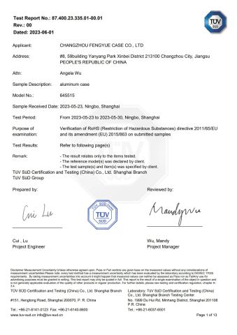 TEST REPORT certificate from Changzhou Fengyue Case Co., Ltd