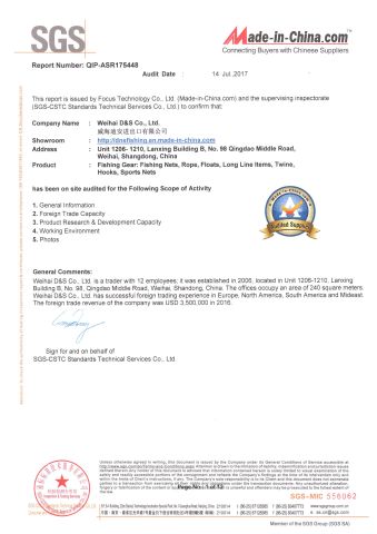 D&S PASSED SGS AUDIT certificate from Weihai D&S Co., Ltd.